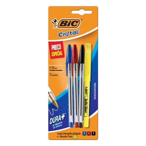 Caneta Bic Dura Mais Com 3 Canetas + 1 Brite Liner