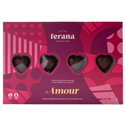 Chocolate Ferana Amour Chocolate Ao Leite Recheado Com Creme De Avelã Com 12 Unidades 120g