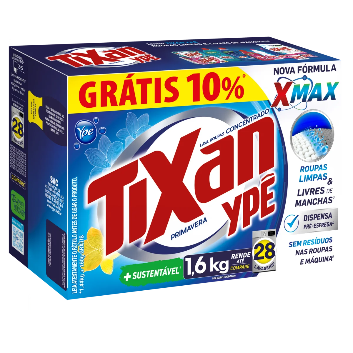 Lava-Roupas Pó Concentrado Primavera Tixan Ypê Caixa 1,6kg Grátis 10%