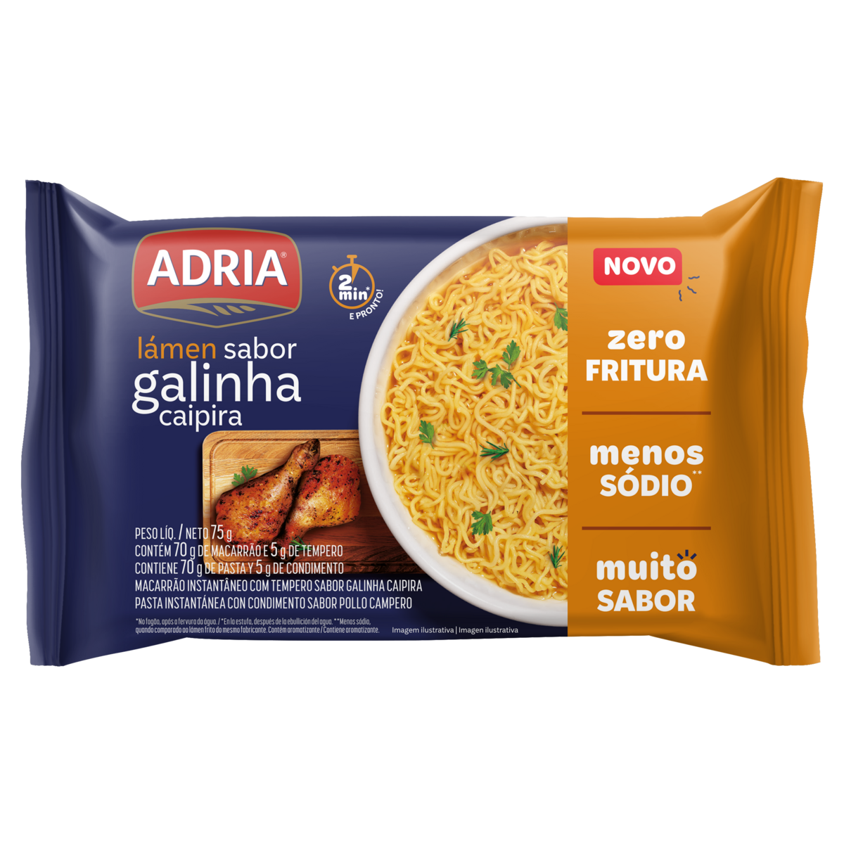 Macarrão Instantâneo Lámen Galinha Caipira Zero Fritura Adria Pacote 75g
