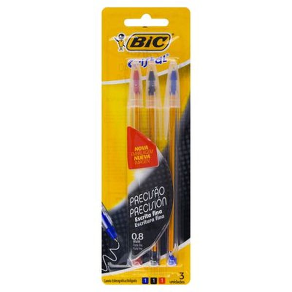 Caneta Bic Cristal - Precisão - Escrita Fina - Com 3 Canetas - Ref. 825240