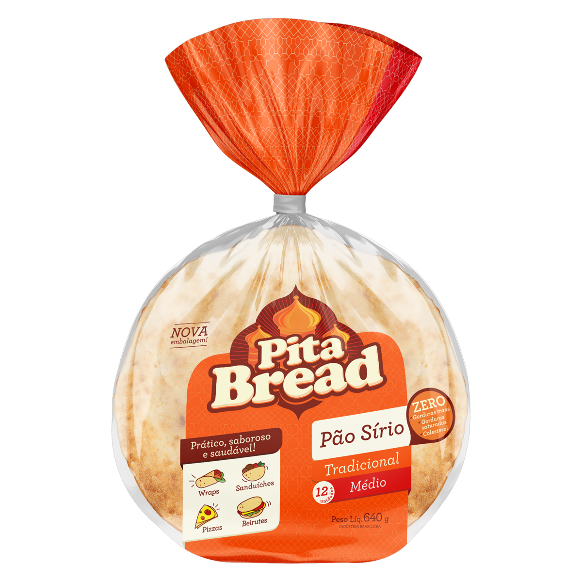 Pão Sírio Médio Tradicional Pita Bread Pacote 640g