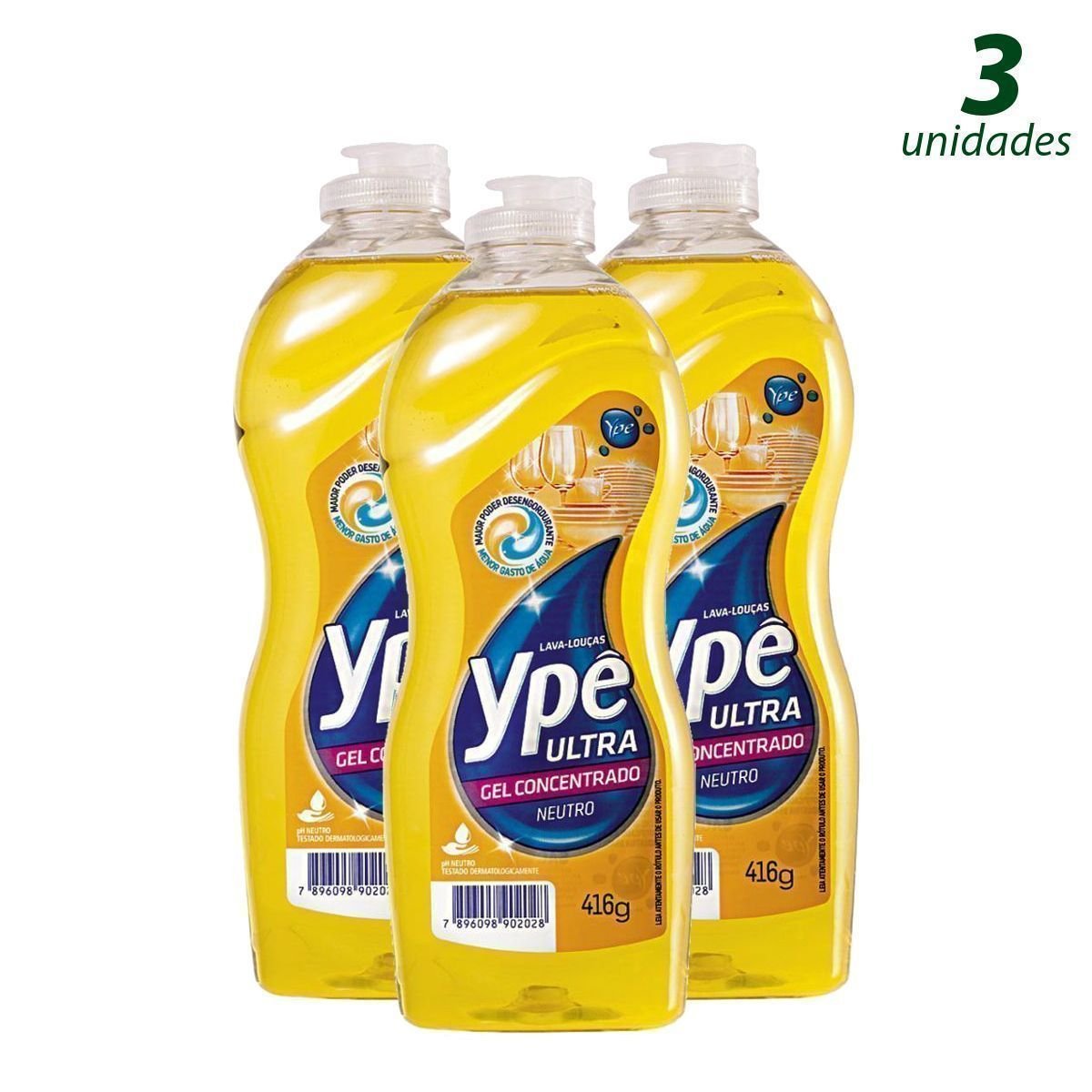 Kit com 3 Detergente Líquido YPÊ Ultra Concentrado Neutro 416g