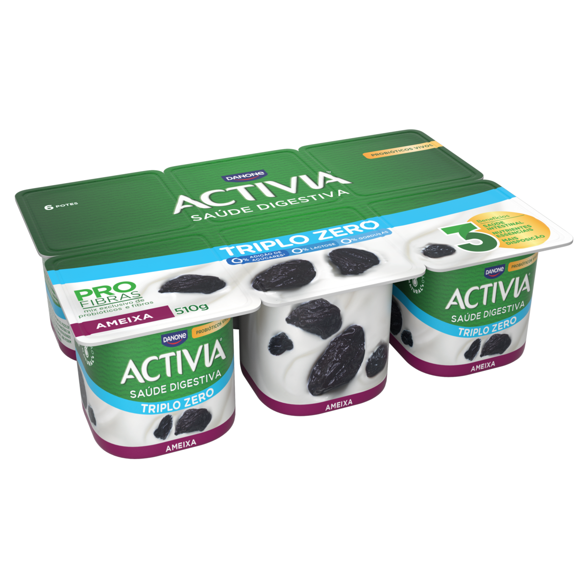 Leite Fermentado Desnatado Ameixa Zero Lactose ACTIVIA Triplo Zero Bandeja 510g 6 Unidades