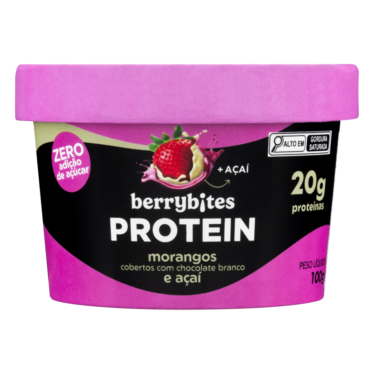 Morango Congelado Cobertura Chocolate Branco e Açaí Berrybites Protein Pote 100g