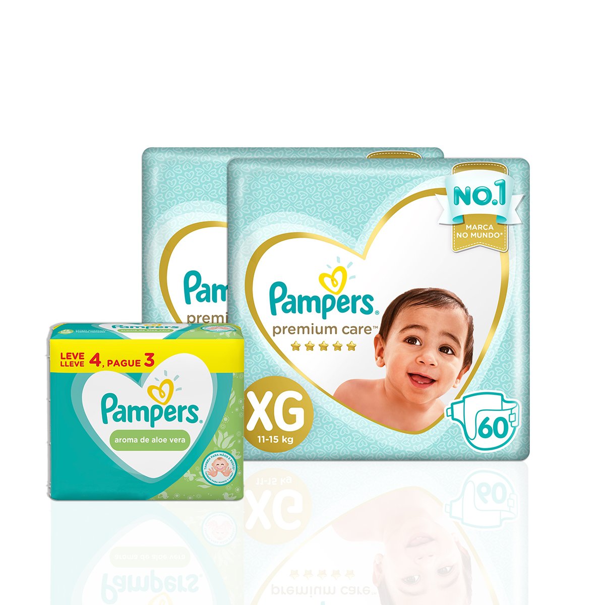 Kit 2 Fraldas Pampers Premium Care XG 60 unidades + Lenços Umedecidos Pampers Aroma de Aloe Vera 192 Unidades