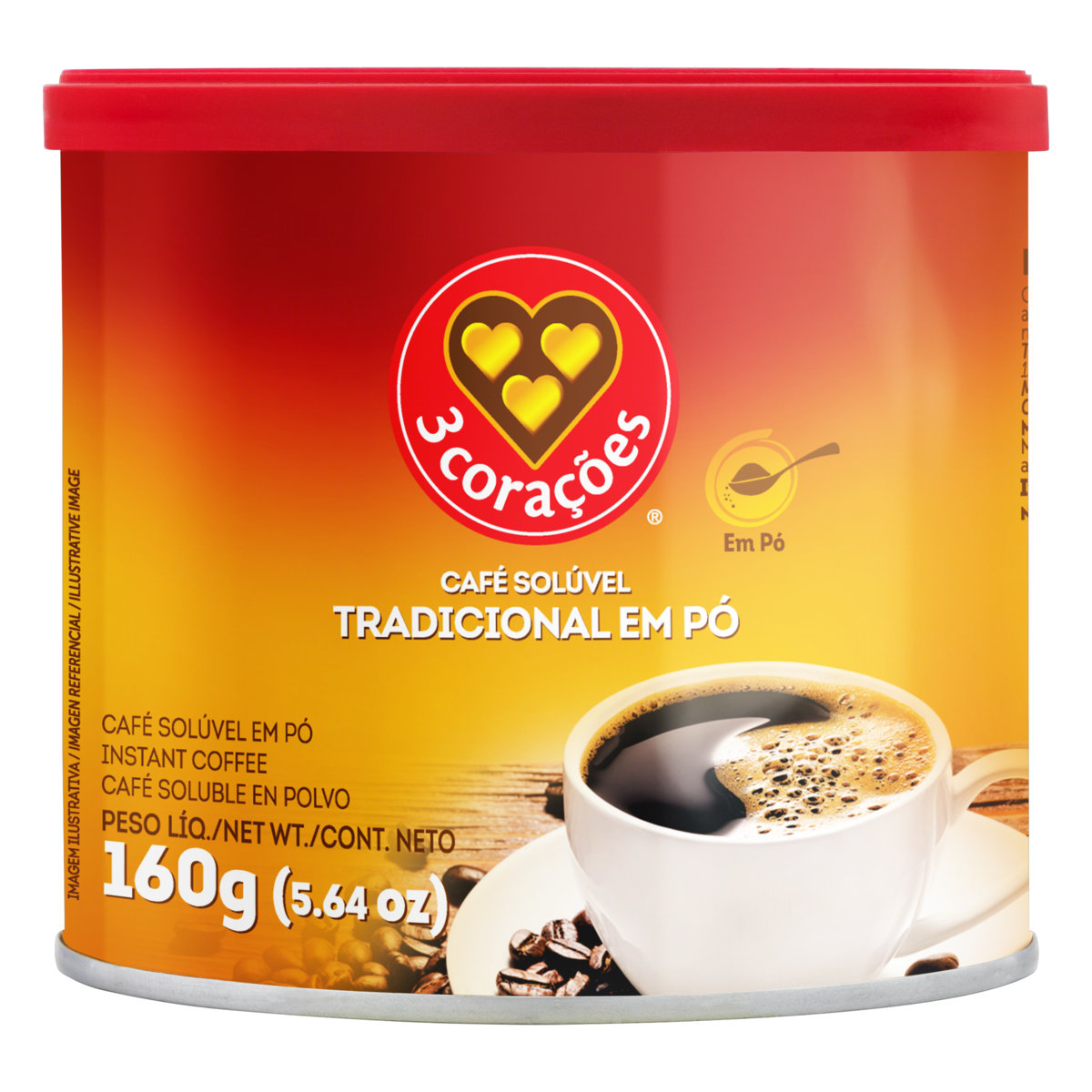 Café Solúvel em Pó Tradicional 3 Corações Lata 160g