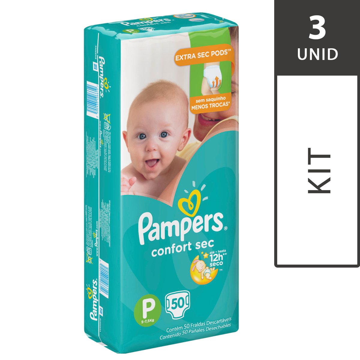 Kit com 3 Fraldas PAMPERS Confort Sec Mega P - 150 Fraldas