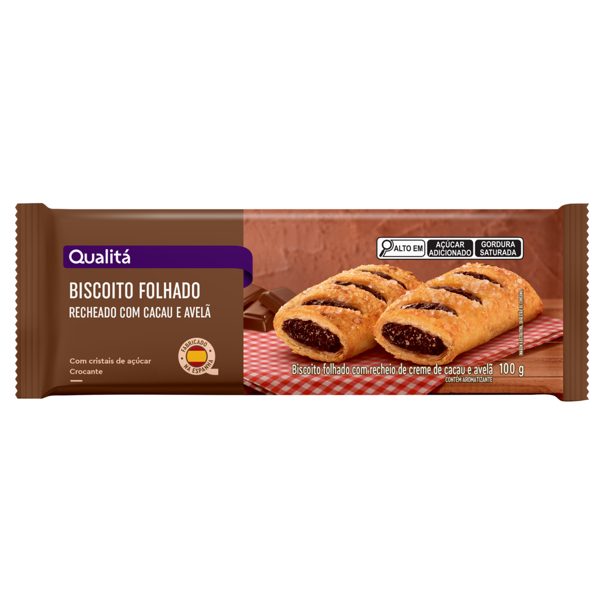 Biscoito Folhado Recheio Creme de Cacau e Avelã Pacote Qualitá 100g