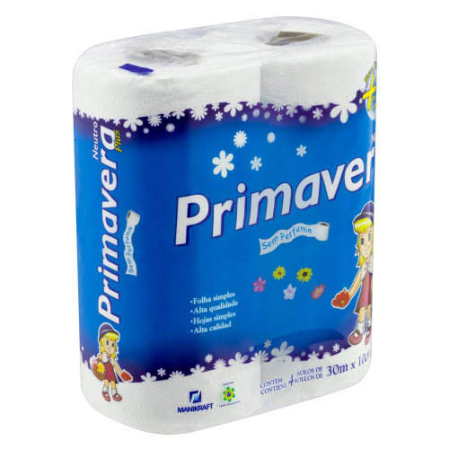 Papel Higiênico Folha Simples Neutro Primavera Plus 30m Pacote 4 Unidades