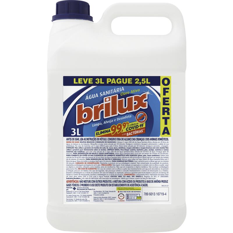 Água Sanitária Brilux Leve 3L Pague 2,5L