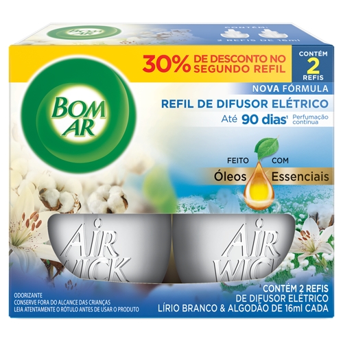 Refil Elétrico BOM AR Air Wick Lírio Branco & Algodão com 2 unidades de 16ml cada