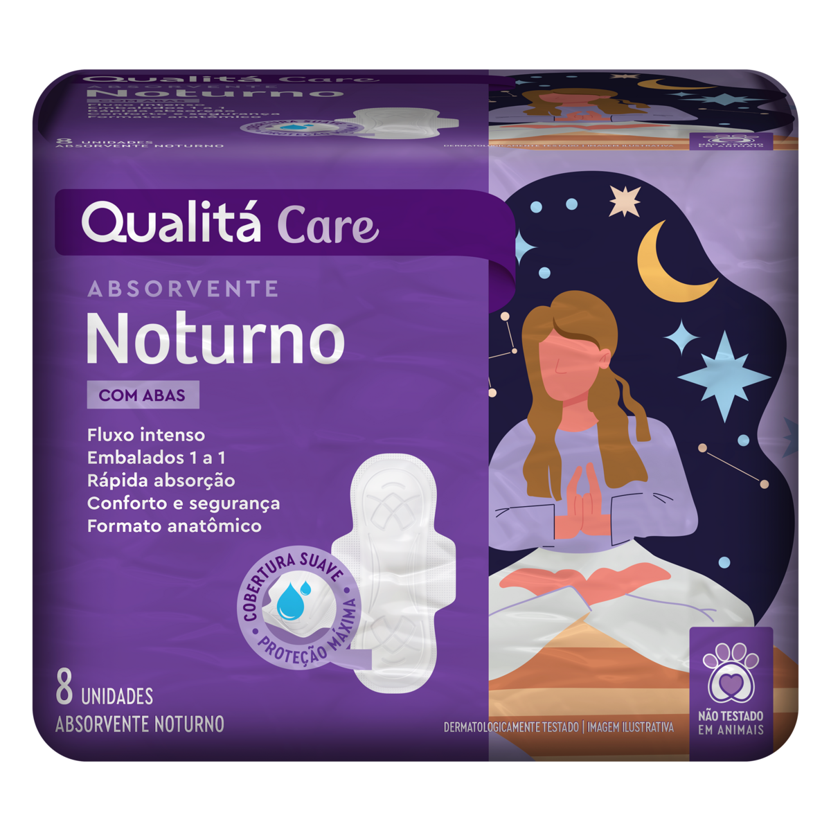 Absorvente com Abas Suave Qualitá Care Noturno Pacote 8 Unidades