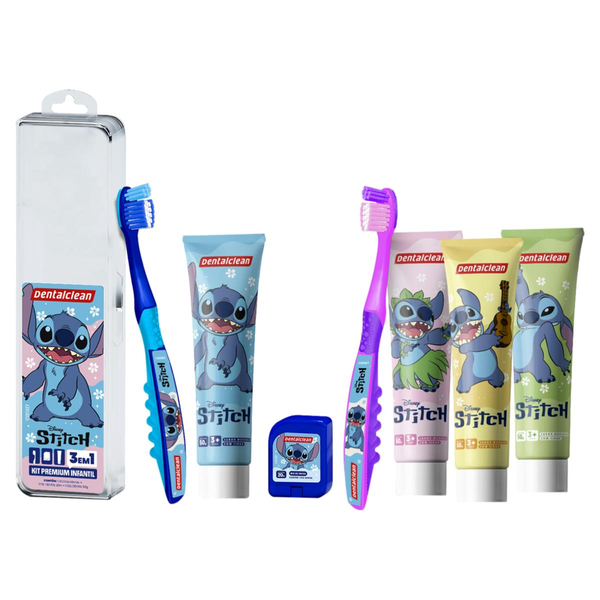 Kit Escova Dental Macia + Fio Dental Mix de Frutas 20m + Gel Dental com Flúor Morango 50g Infantil Stitch Dentalclean Premium