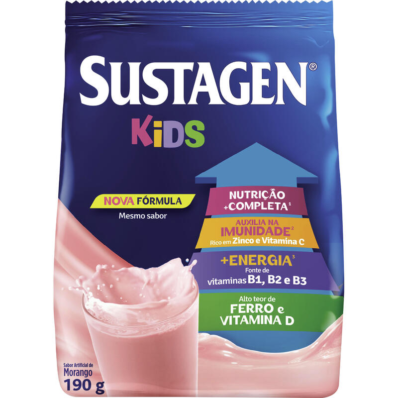 Pó para Preparo de Bebida Morango Sustagen Kids Pacote 190g