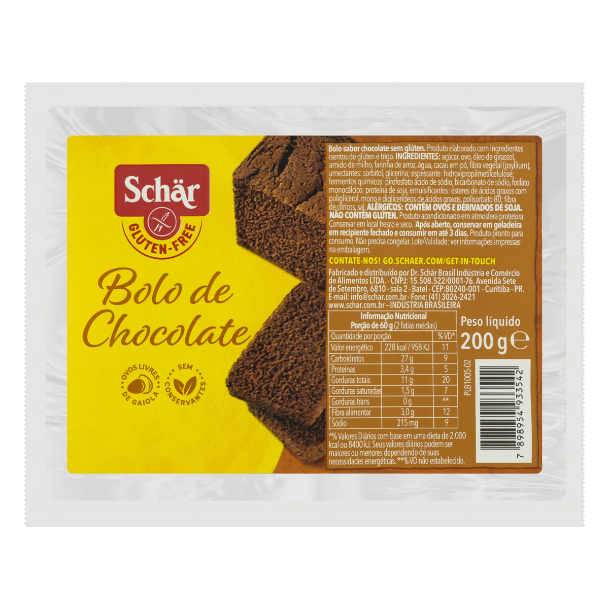 Bolo SCHAR de Chocolate sem Glúten e sem Lactose 200g