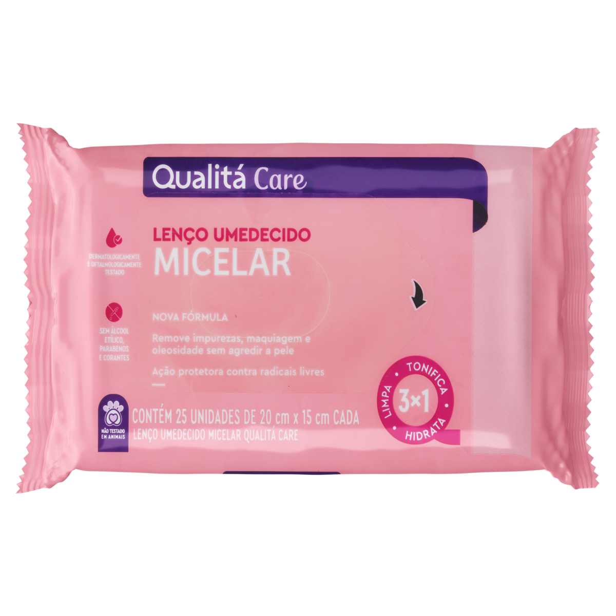 Lenço Umedecido Micelar Facial Qualitá Care Pacote 25 Unidades