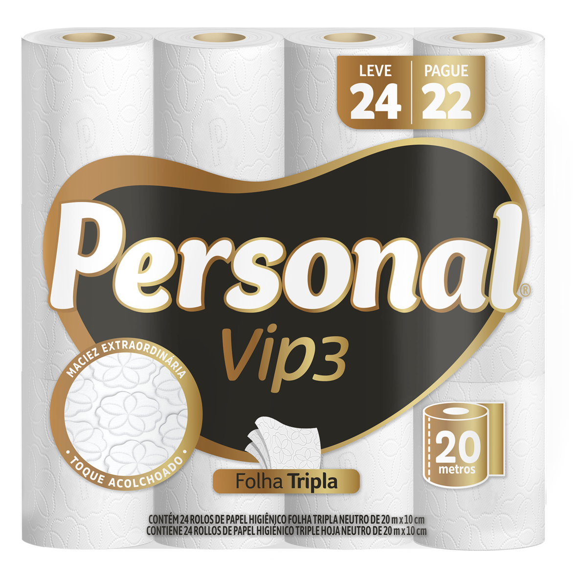 Papel Higiênico Folha Tripla Neutro Personal Vip3 20m Pacote Leve 24 Pague 22 Unidades