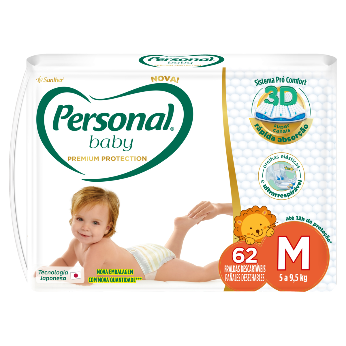 Fralda Descartável Personal Baby Premium Protection M Pacote 62 Unidades