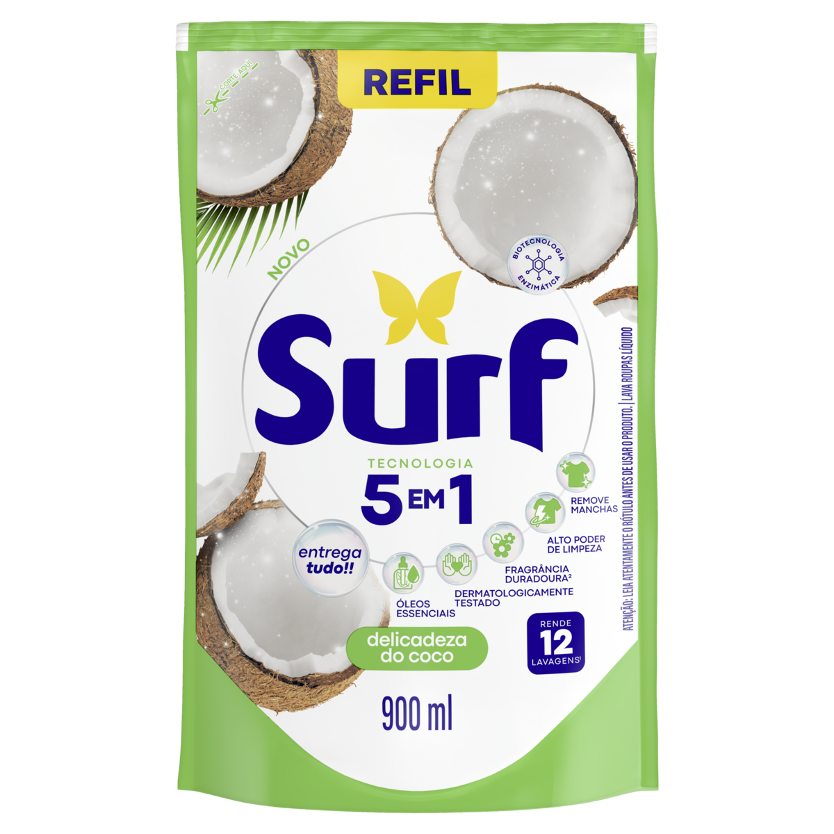 Lava-Roupas Líquido Cuidado do Coco Surf Sachê 900ml Refil