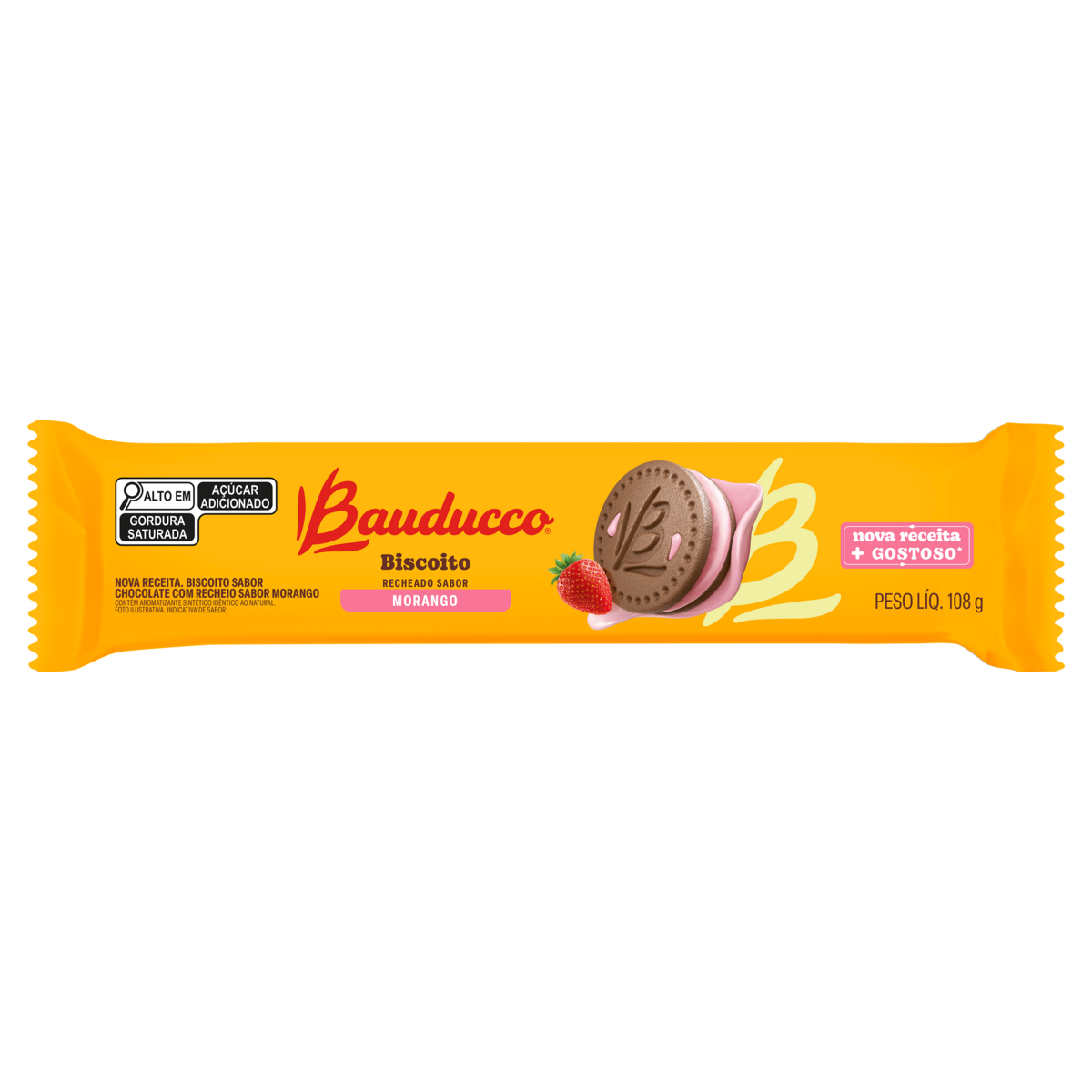 Biscoito Chocolate Recheio Morango Bauducco Pacote 108g