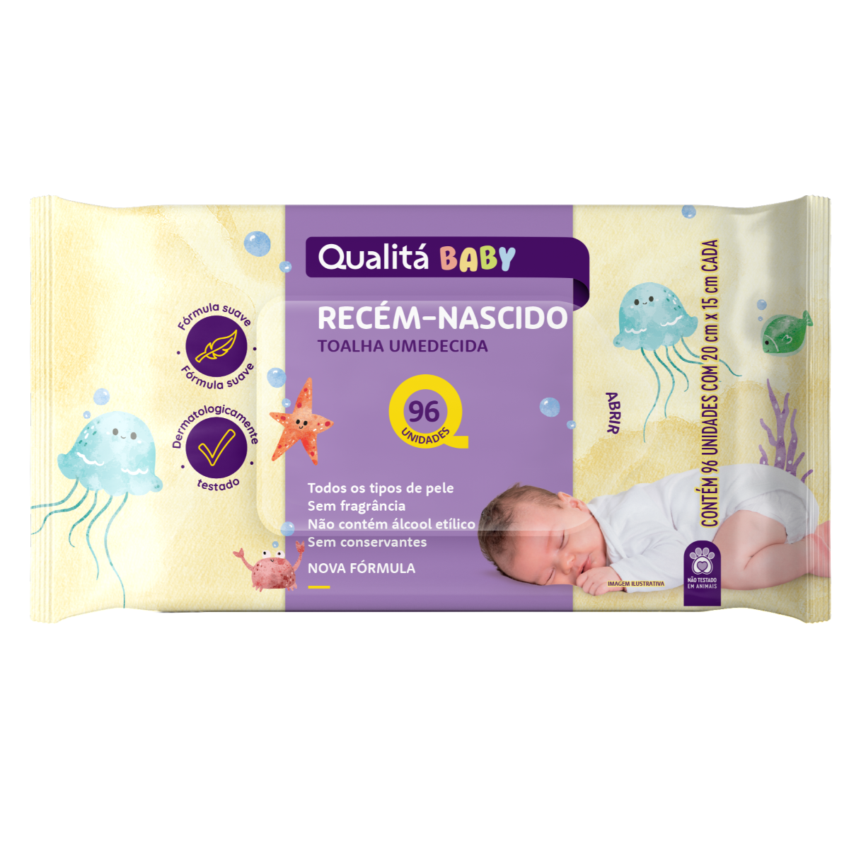 Toalha Umedecida Recém-Nascido sem Perfume Qualitá Pacote 96 Unidades