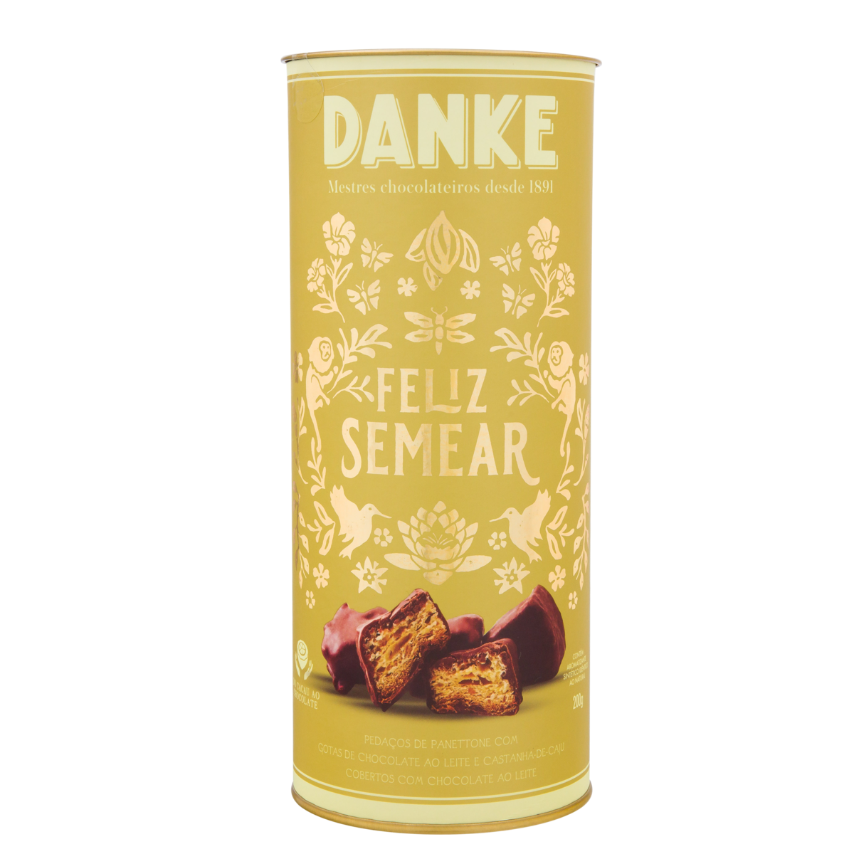 Panettone Pedaço com Gotas de Chocolate ao Leite e Castanha-de-Caju Cobertura Chocolate ao Leite Danke Feliz Semear Lata 200g