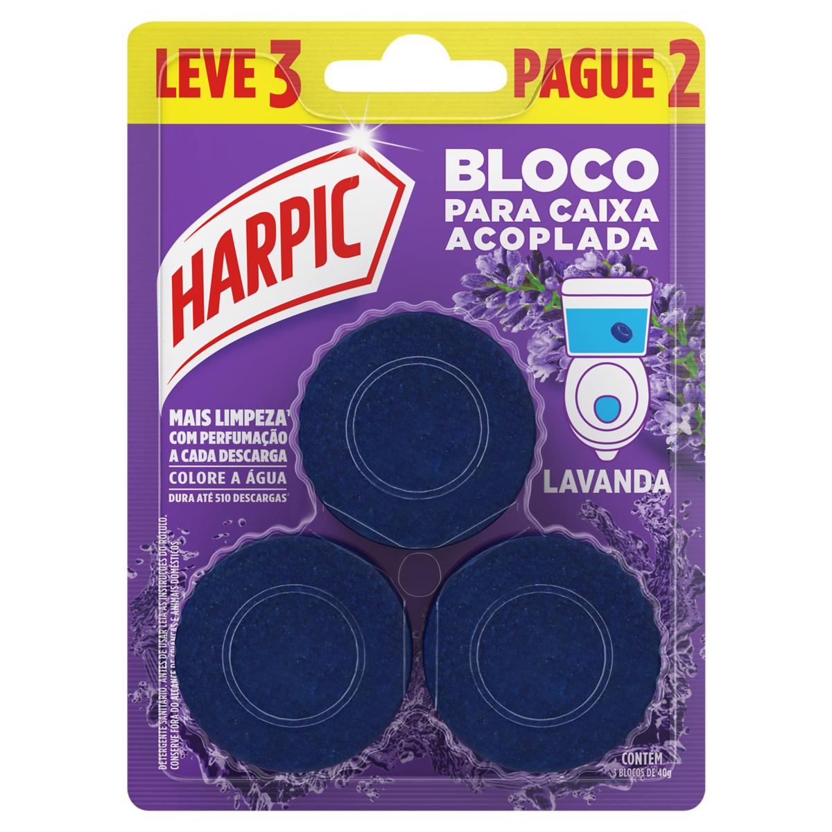 Detergente Sanitário Bloco para Caixa Acoplada Lavanda Harpic Leve 3 Pague 2 Unidades