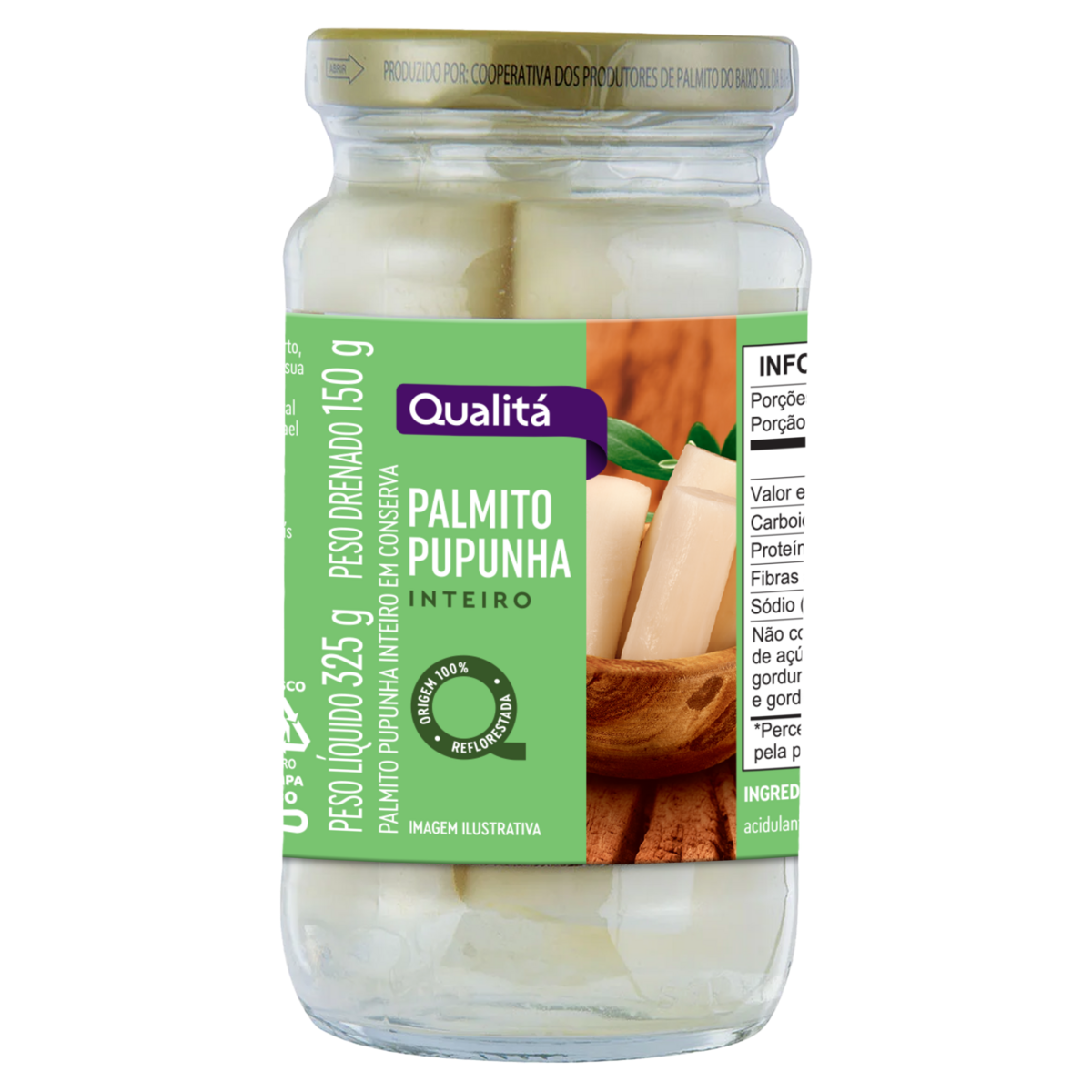 Palmito Pupunha em Conserva Inteiro Qualitá Vidro Peso liquido 325g Peso Drenado 150g