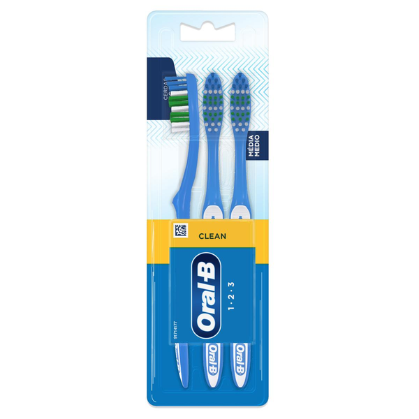 Escova Dental Média Oral-B 1-2-3 Clean 3 Unidades