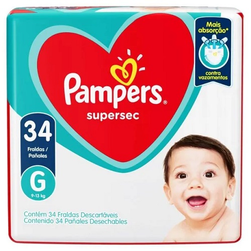 Fralda Descartável Infantil Pampers SuperSequinha G Pacote 34 Unidades