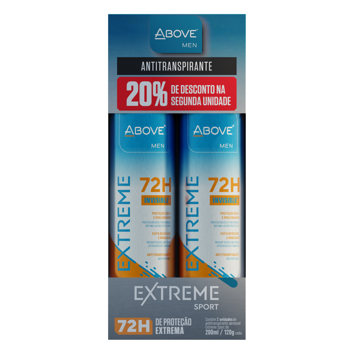 Pack Antitranspirante Jato Seco Invisible Sport Above Men Extreme 2 Unidades 200ml Cada Grátis 20% de Desconto na Segunda Unidade Spray