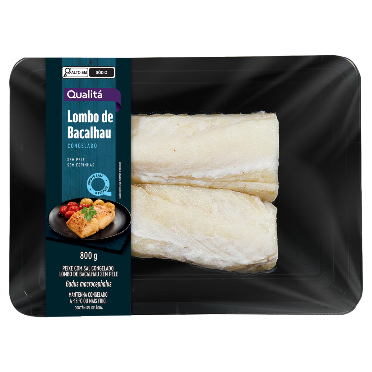 Lombo de Bacalhau sem Pele sem Espinhas Salgado Qualitá Bandeja 800g