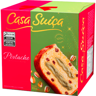 Panettone com Gotas de Chocolate ao Leite Recheio Creme de Pistache Casa Suíça Caixa 450g
