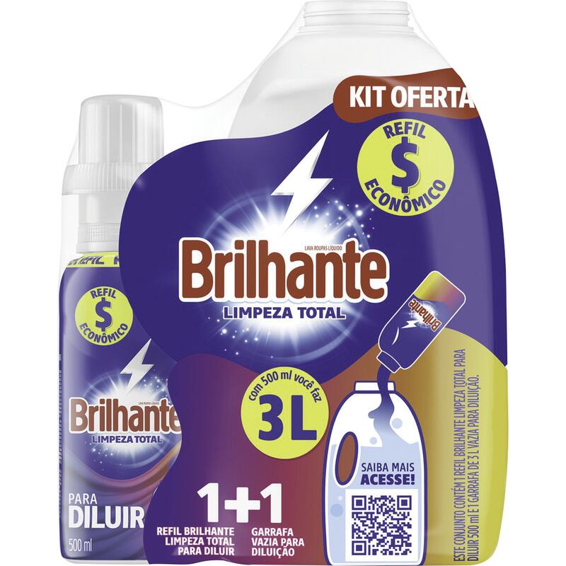 Lava Roupa Líquido BRILHANTE Limpeza Total para Diluir Refil 500ml + Garrafa Vazia para Diluir Kit Oferta