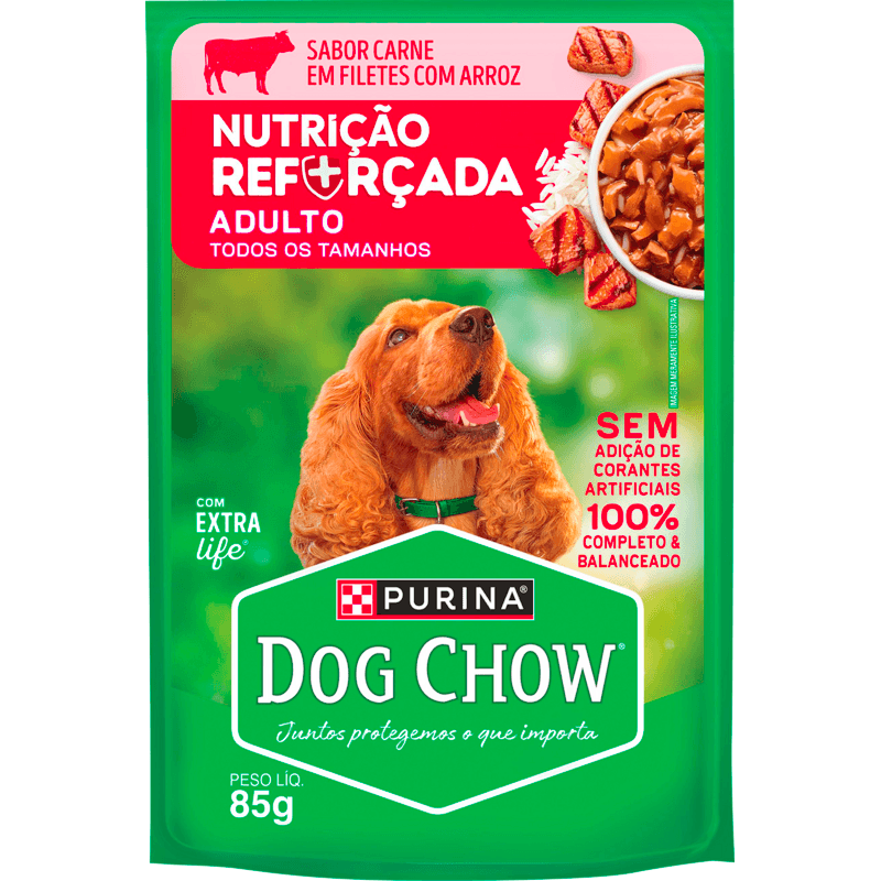 Alimento para Cães Adultos Carne com Arroz Purina Dog Chow Nutrição Reforçada com Extra Life Sachê 85g