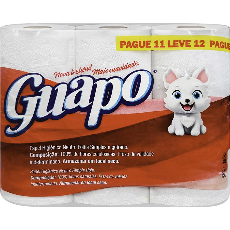 Papel Higiênico Guapo Folha Simples 30m LV 12 PG 11 rolos