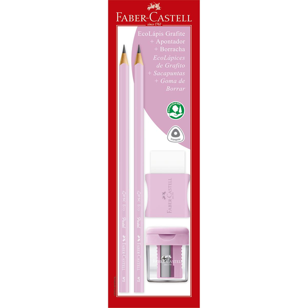 Kit Faber-Castell Com 2 Ecolápis Grafite + 1 Apontador + 1 Borracha - Rosa - Ref. SM/1205PASTELAPR
