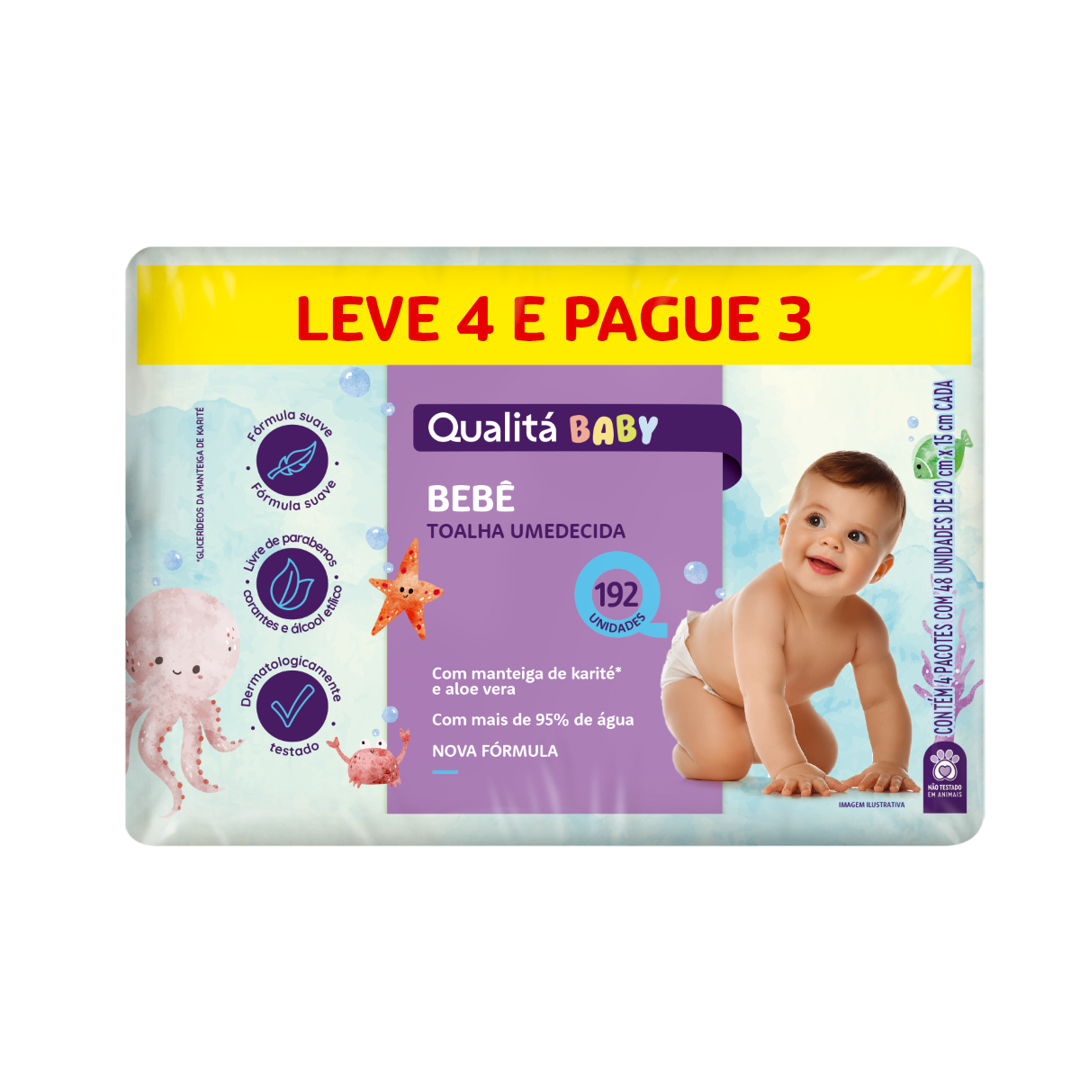 Pack Toalha Umedecida Bebê Qualitá Pacote Leve 4 Pague 3 Unidades