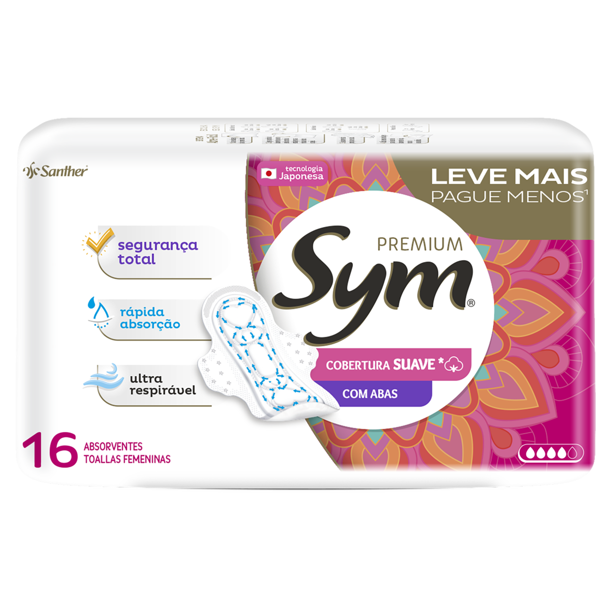 Absorvente com Abas Ultra Respirável Suave Sym Premium Pacote 16 Unidades Leve Mais Pague Menos