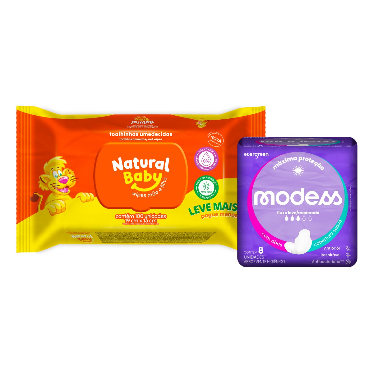 Kit Toalha Umedecida Natural Baby Leve 100 Pague 80 + Absorvente Suave Com Abas Modess 8 unidades