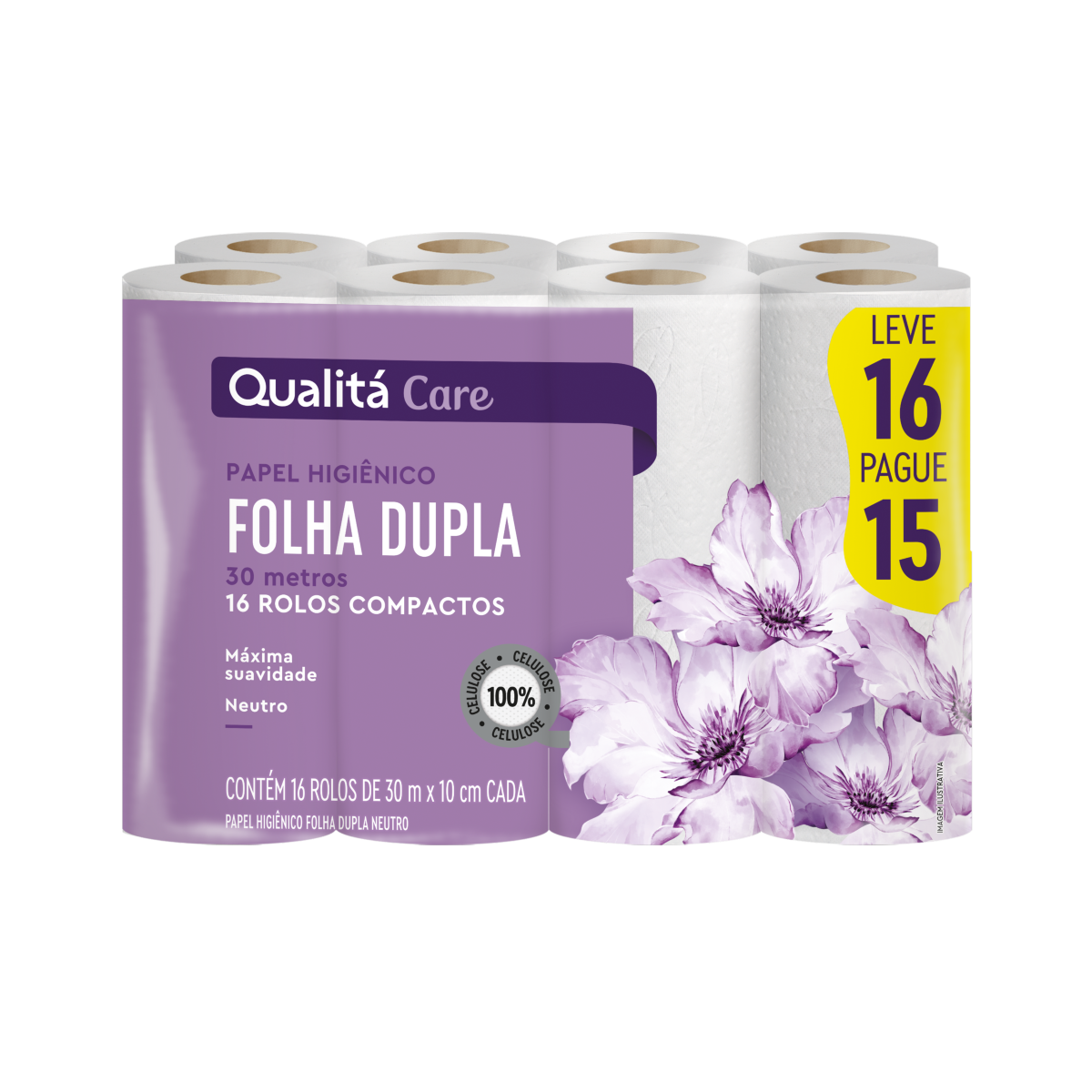 Papel Higiênico Folha Dupla Neutro Qualitá 30m Pacote Leve 16 Pague 15 Unidades