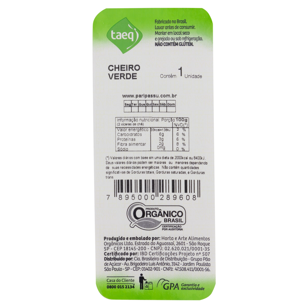 Cheiro-Verde Orgânico Taeq 100g
