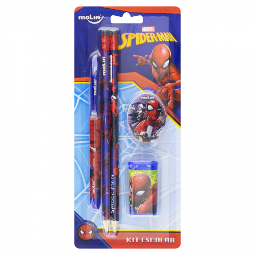 Kit 2 Lápis Preto Hb Nº 2 + 1 Caneta Esferográfica Azul Ponta Média + 1 Borracha + 1 Apontador Spider-man Molin Blister