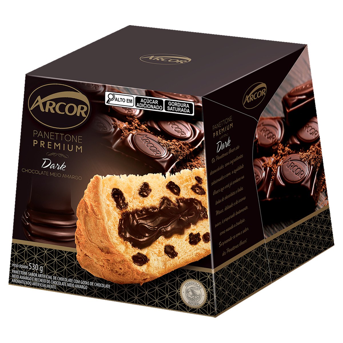 Panettone Chocolate com Gotas de Chocolate Meio Amargo Recheio Dark Arcor Premium Caixa 530g
