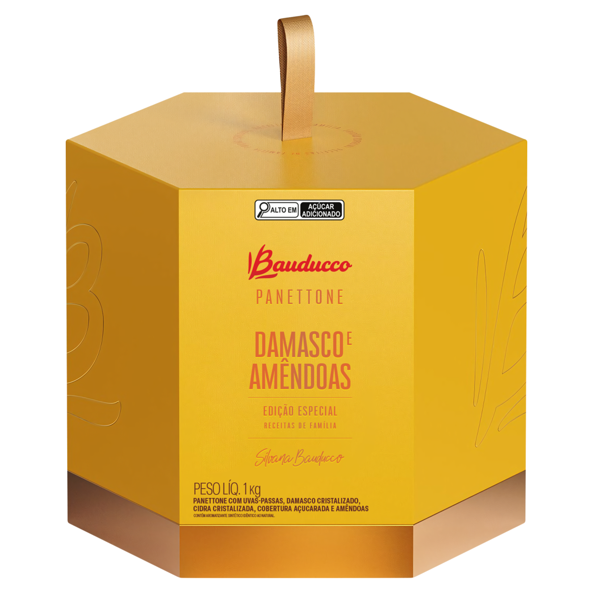 Panettone com Uvas-Passas, Damasco e Cidra Cristalizada Cobertura Açucarada e Amêndoas Caixa Edição Especial Receitas de Família Bauducco 1kg