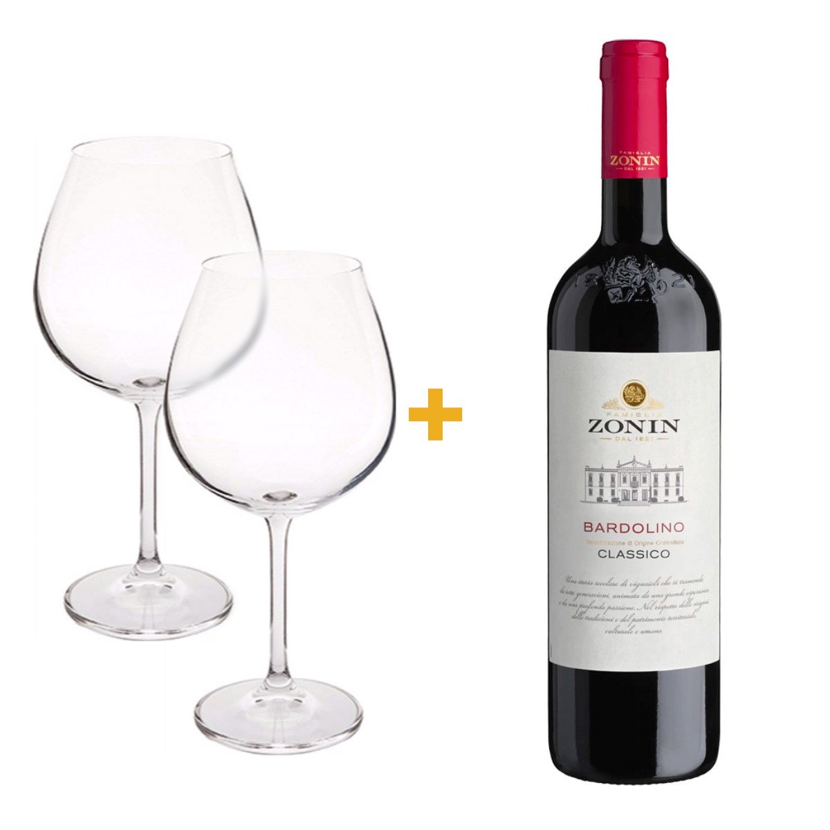 Kit com 2 Taça de Vinho Gastro 650ml + 1 Vinho Italiano Tinto Zonin Bardolin Doc 750ml