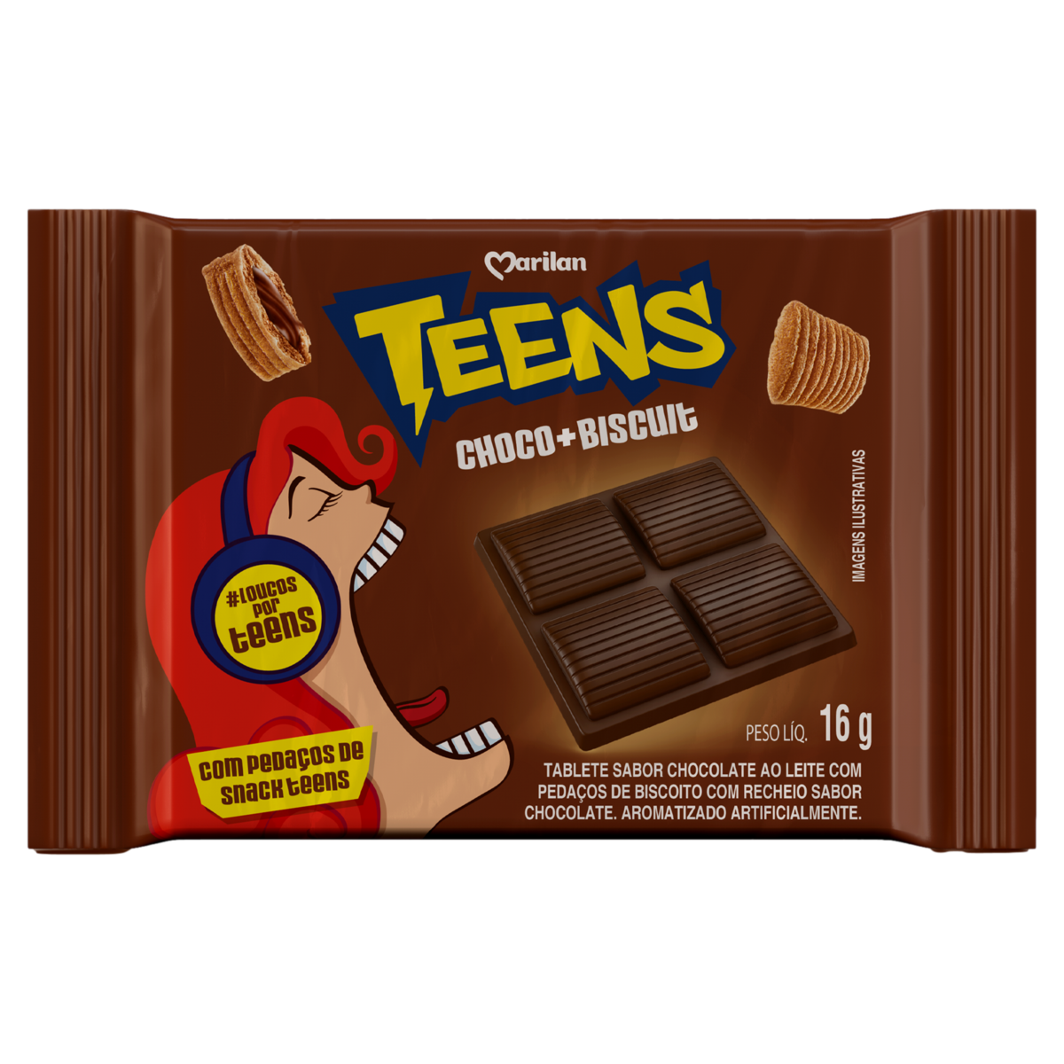 Chocolate ao Leite com Pedaços de Biscoito Recheio Chocolate Marilan Teens Choco + Biscuit 16g