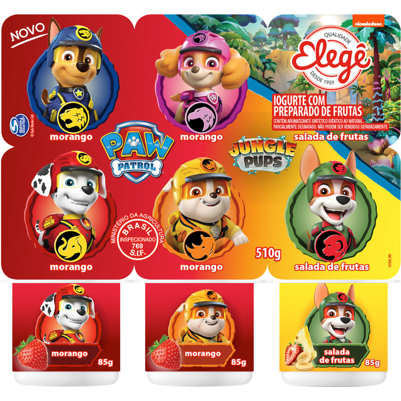 Iogurte Parcialmente Desnatado Morango + Salada de Frutas Paw Patrol Jungle Pups Elegê Bandeja 510g 6 Unidades