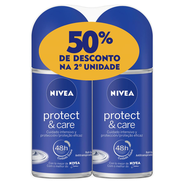 Pack Antitranspirante Roll-On Protect & Care Nivea 2 Unidades 50ml Cada Grátis 50% de Desconto na 2ª Unidade